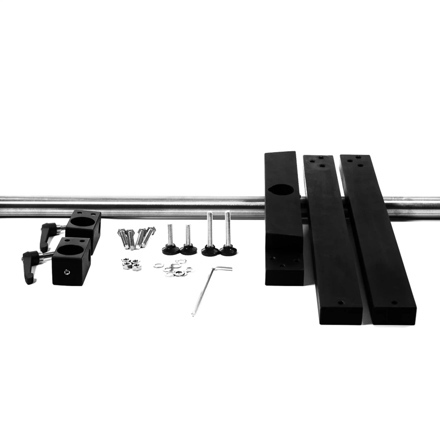 components of a SpinChem laboratory stand system laid out horizontally, featuring stainless steel support rods, black mounting blocks with adjustment knobs, assembly hardware including screws, washers, and hex key, and black rectangular support bars, all arranged against a white background.