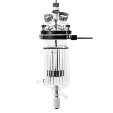 Professional laboratory setup featuring a SpinChem rotating bed reactor mounted on a vertical support stand, with a glass reaction vessel containing vertical baffles. The assembly includes red and blue connector caps, a black mounting bracket, and stainless steel components, demonstrating a complete system for heterogeneous chemical reactions.