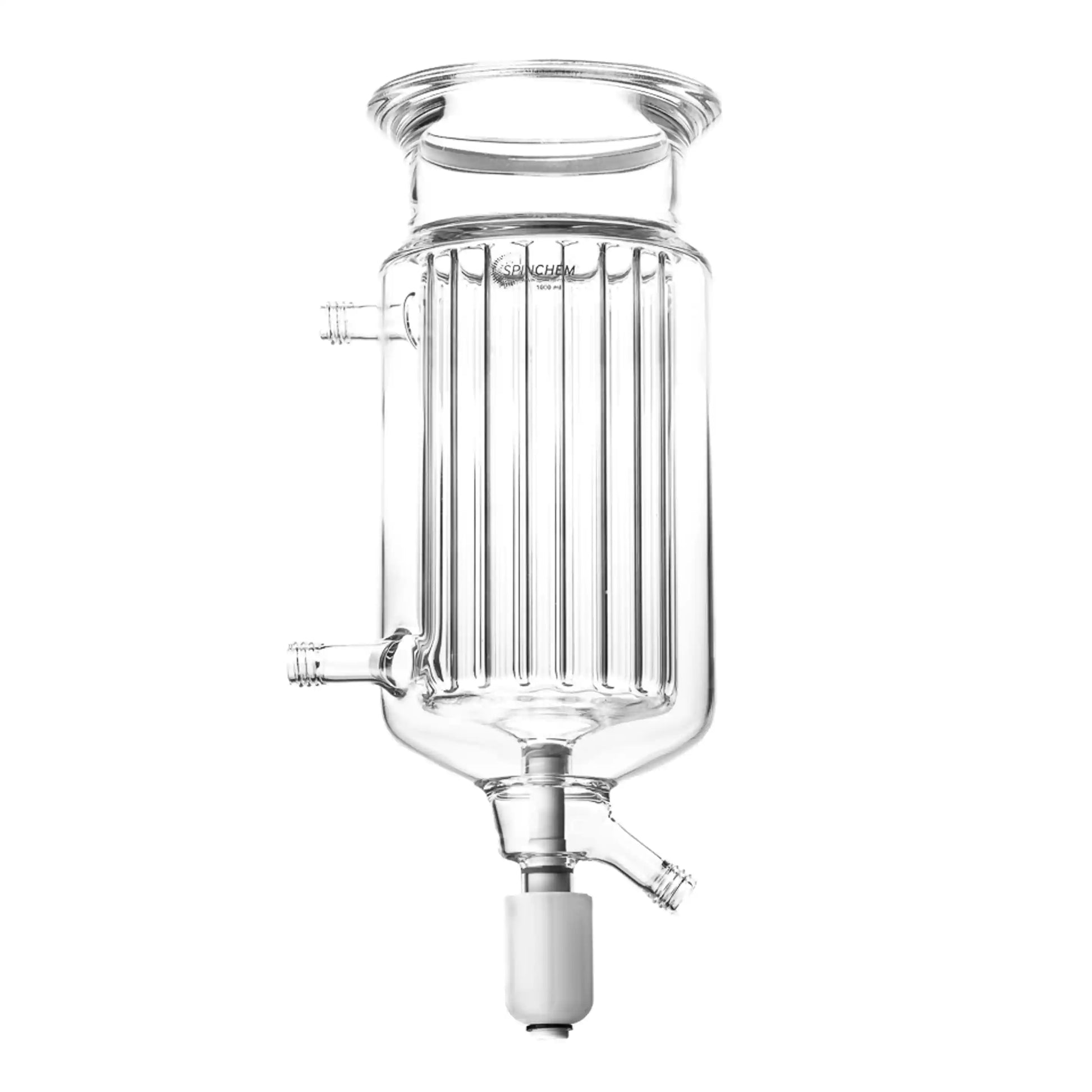 "1200 mL flower-baffled jacketed reaction vessel with bottom drain, designed for efficient heat transfer."