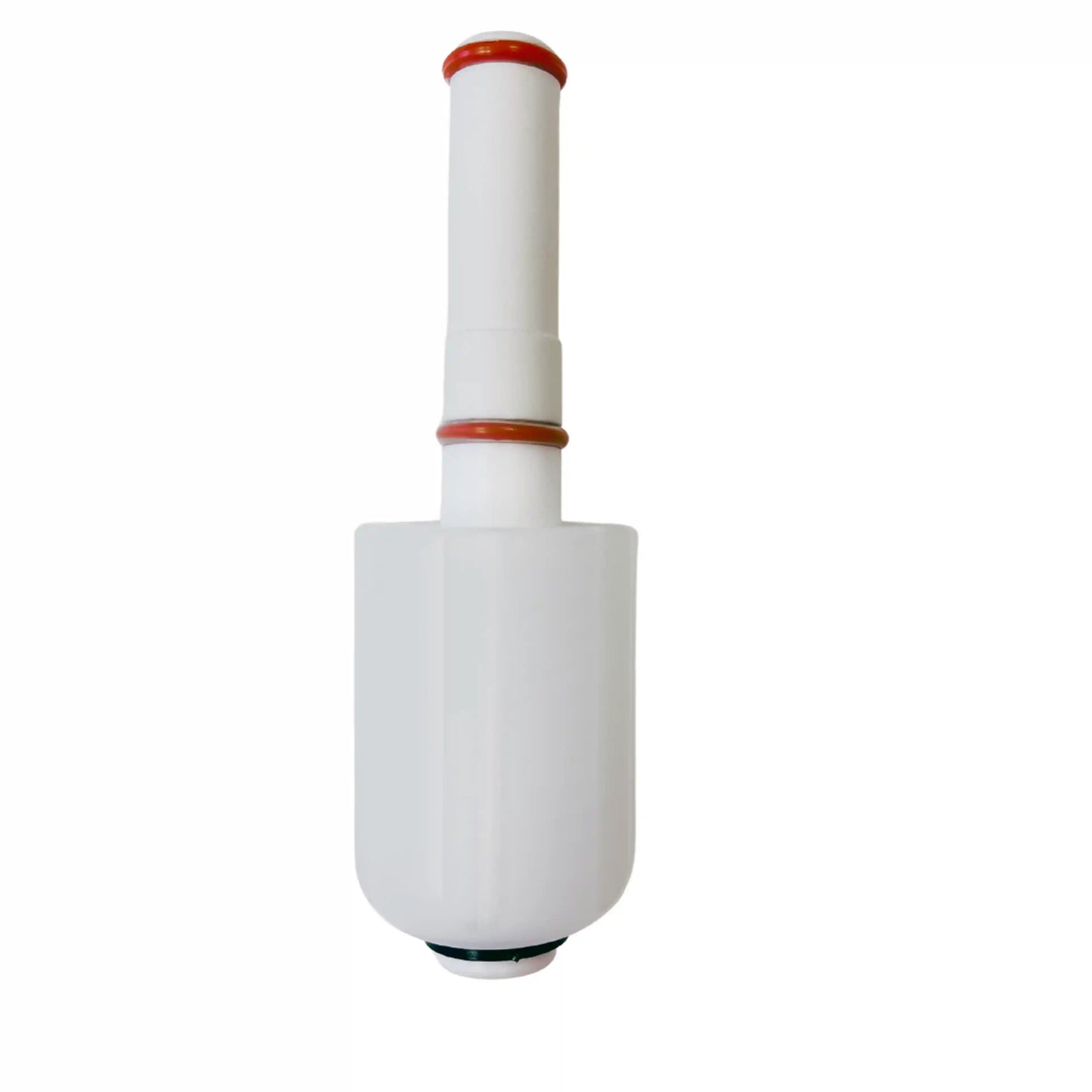 Cylindrical white PTFE piston with red O-ring seals at both ends, featuring a smooth surface finish and precision-engineered design for laboratory reactor vessels.