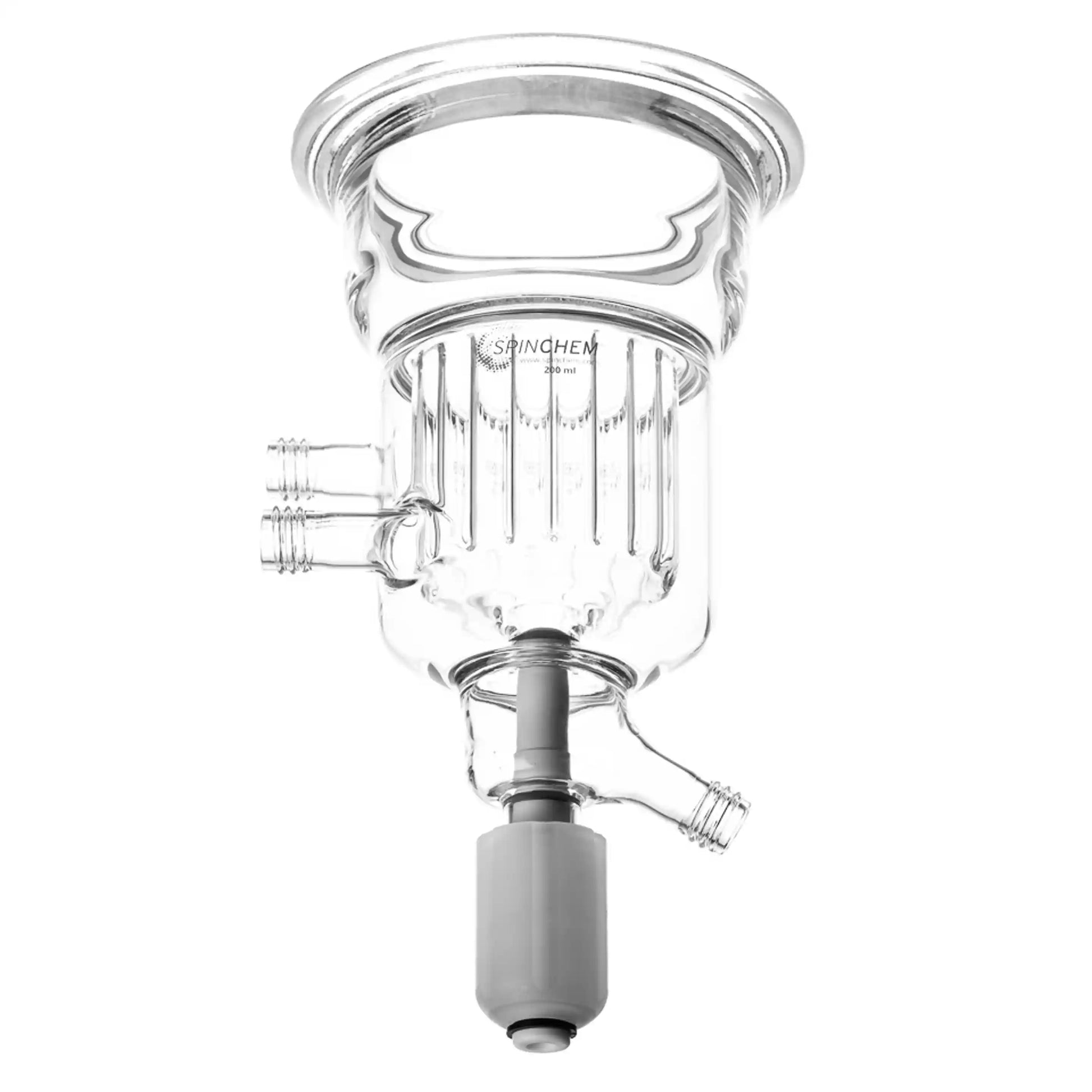 "200 mL flower-baffled jacketed reaction vessel with bottom drain, optimized for precise temperature control.